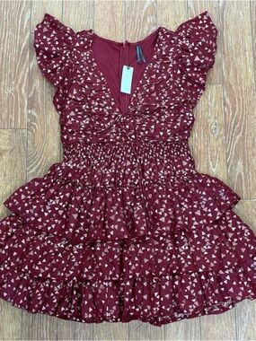 Anthropologie Ruffled Burgundy Triangle Print Mini Dress - Sz S